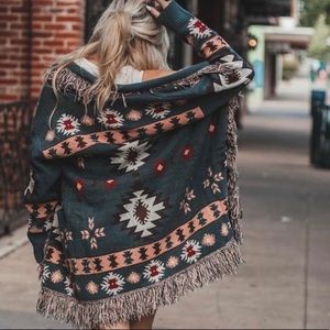 Aztec Tribal Print Fringe Detail Cardigan